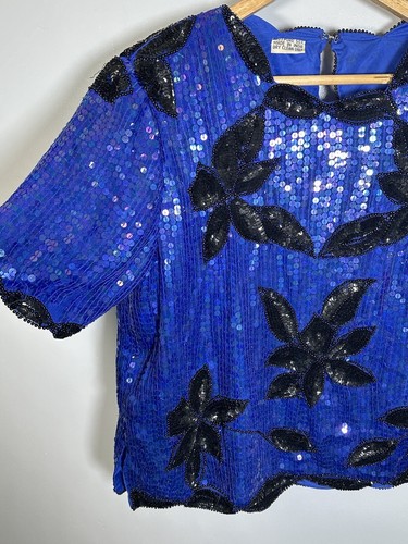 Vintage Sequin Top Size 14-16 Short Sleeves Blue Black Flowers Silk - Picture 3 of 9