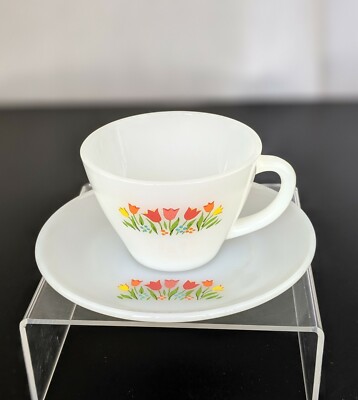 VTG Fire King Milk Glass Tulip Flower Floral Cup Saucer Anchor Hocking Oven Ware