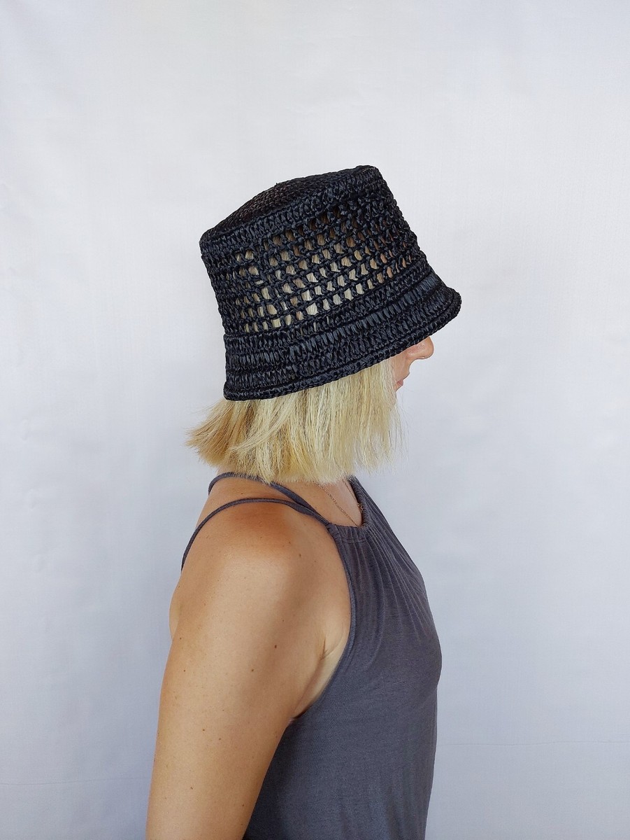 Black Raffia bucket hat, Crochet straw hat, Crochet Bucket