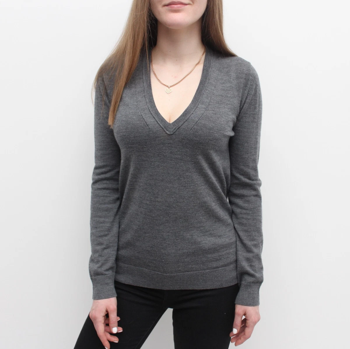 Women s BURBERRY BRIT Merino Wool Sweater Jumper V Neck Gray