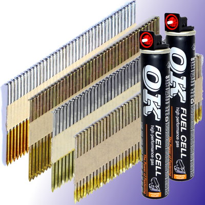 34° Streifennägel + 2 Gas Fuel Cells (50 63 70 75 80 90 verzinkt gerillt glatt)