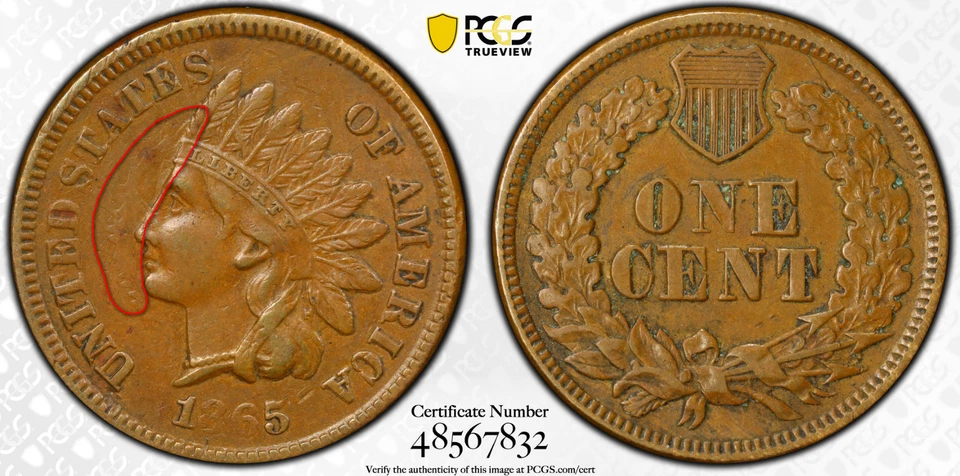 1865 P Fancy 5 Struck Through Indian Head Cent PCGS XF 45 (Observe Die Clash?) - Image 3 of 4