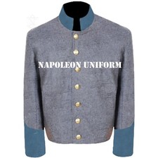 Men Civil War Grey Wool Shell Jacket Blue Cuff Colonel Officer Uniform Coat