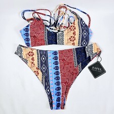 ZAFUL Women Size 8 / L Spaghetti Strap Halter High Waist Stripe Swimsuit Set NWT