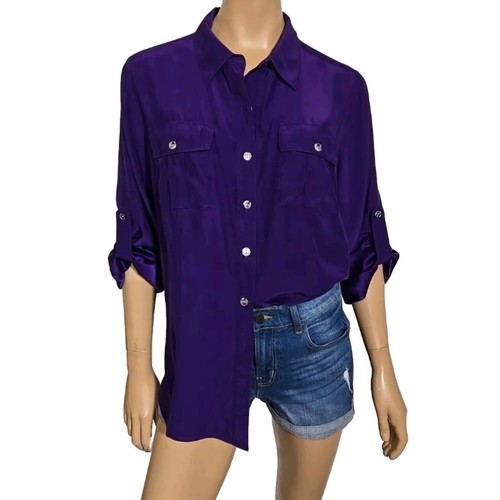CHAUS Rich Purple 100 Silk Buttonup Blouse Long Roll Tab Sleeve