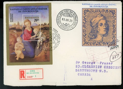 HUNGARY 1983 REGISTERED FDC TO DARMOUTH CANADA, PAINTING BY RAPHAEL !! LP04