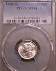 1943s MERCURY SILVER DIME  "SAN FRANCISCO MINT"  Pcgs MS64 10C FULL bands