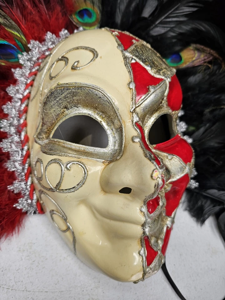 Peacock Feather Mask Masquerade for Women Venice Carnival RED & BLACK - Image 3 of 4