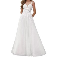 White Lace Floral Applique Tulle A-Line Wedding Dress Sweetheart Plunge Train