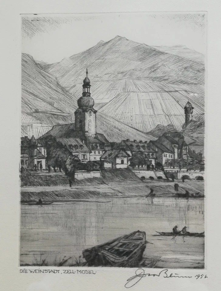Theo Blum Radierung 1952? Die Weinstadt Zell-Mosel Original Handsigniert 37x28cm