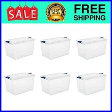 6Pack Sterilite Large Storage Bin, 66 Quart Clear Plastic Storage Container Blue