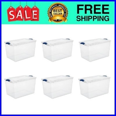 6Pack Sterilite Large Storage Bin, 66 Quart Clear Plastic Storage Container Blue