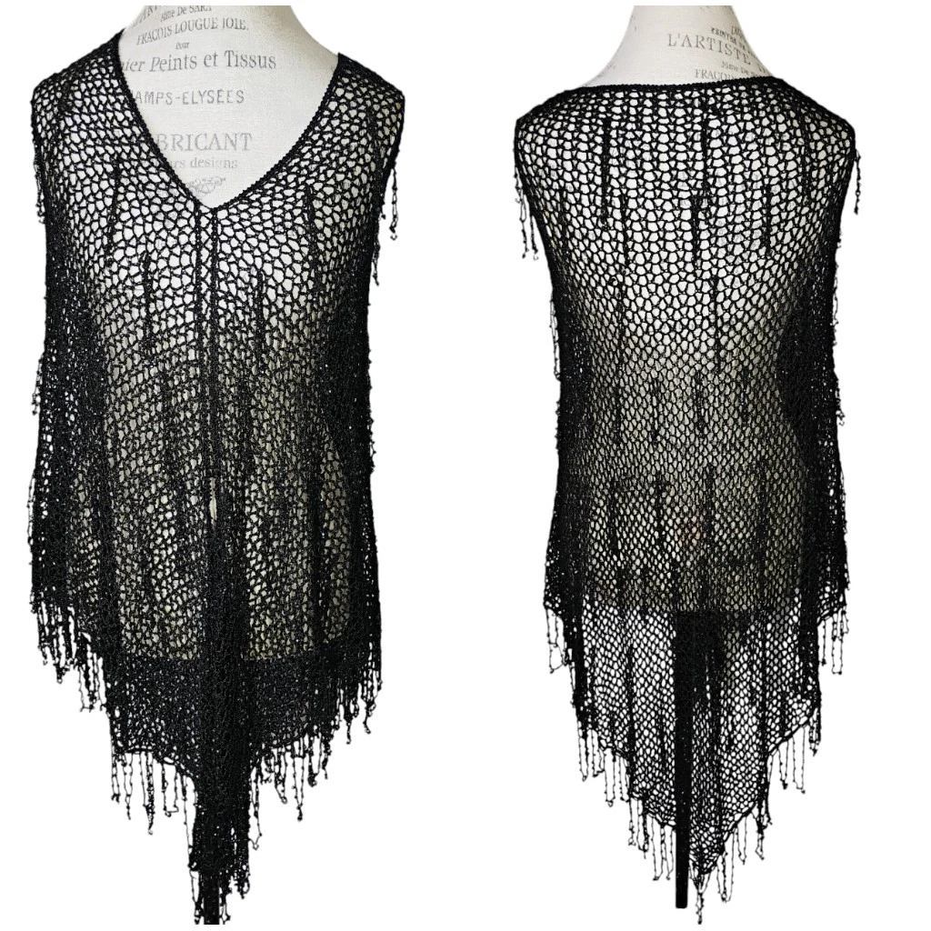 Open Knit Crochet Fringe Poncho Shawl Womens OS Black Whimisigoth Festival Boho
Opens in a new windo