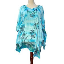 Womens Kaftan OS Blue Tie Dye Palm Tree Embroidered Tropical Boho Beach