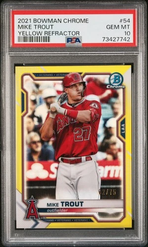 2021 Bowman Chrome Mike Trout Yellow Refractor /75 PSA 10 GEM MINT #54 💎🔥 RARE