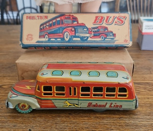 1950's Japan Marusan Tin Friction School Line Bus in Original Box