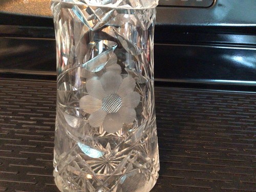 Vaso cilindro cristallo piombo centrotavola taglio profondo rialzato fiori smerigliati 8,50” vintage - Foto 3 di 7