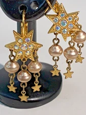Vintage Kirks Folly Star Rhinestone Crystal Faux Pearl Dangle Earrings
