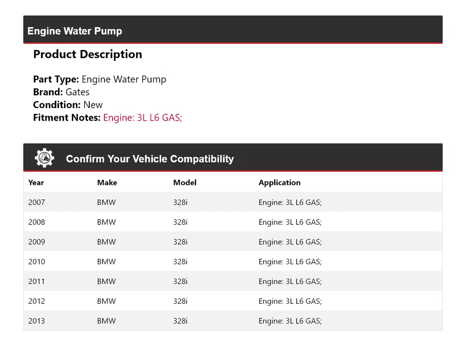 Для 2007-2013 BMW 328i 3L L6 газовый двигатель водяной насос ворота 2008 2009 2010 2011 - Изображение 2 из 4