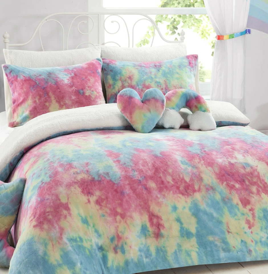 Rainbow Tie Dye Teddy Bear Sherpa Fleece Cosy Duvet Cover Sets /Sheets /Cushions - Image 2 of 4