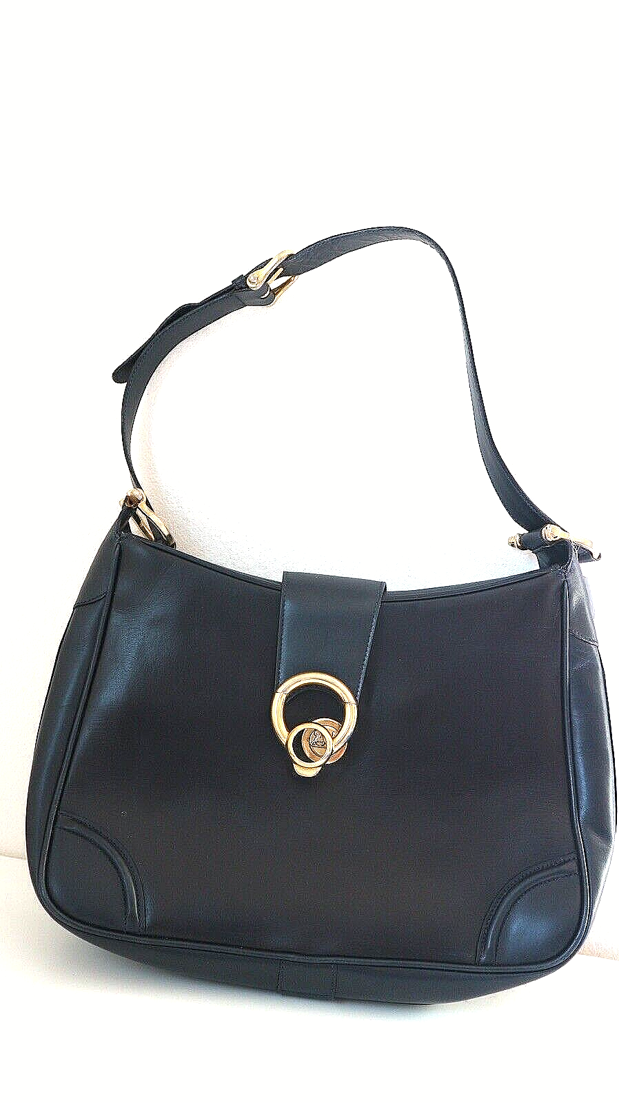 【Rank AB】Vintage CELINE Shoulder Bag Navy Leather Authentic