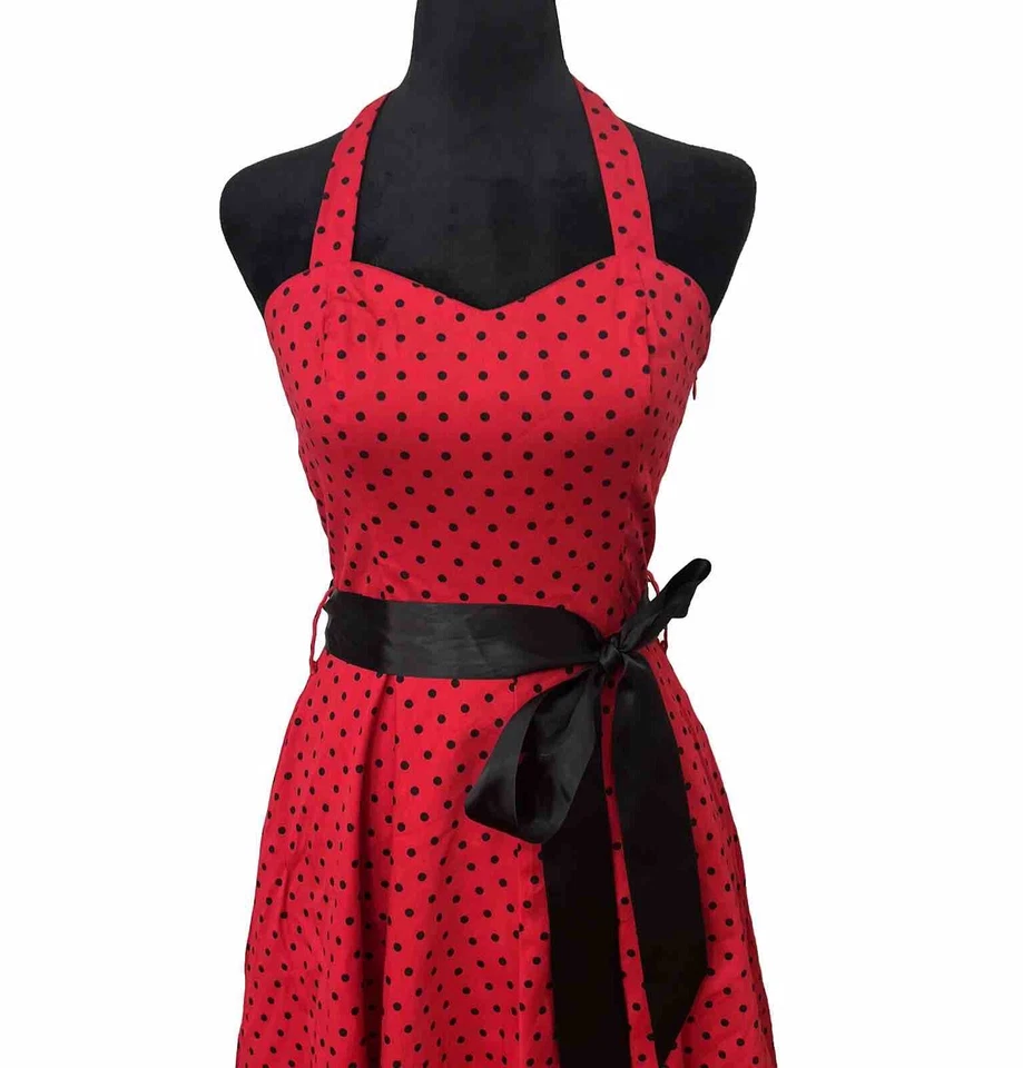 Red Polka Dot Halter Dress Sz 10 Rockabilly Waist Tie Bow Peplum Pinup Fit Flare - Image 2 of 4