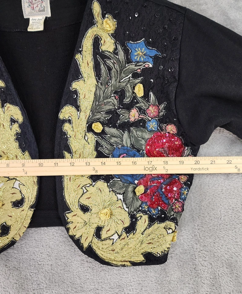 Chaqueta JouJou Mujer Mediana Negra Dorada Floral Adorno Manga Larga Vintage Top Foto 4 de 4