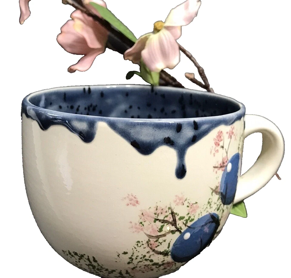 Taza de café esmaltada por goteo azul cobalto arándanos hechos a mano cerámica artística Foto 2 de 4