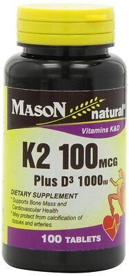 Mason Natural Vitamin K2 100mcg Plus Vitamin D3 1000IU Supplement Tablets 100 Ct
