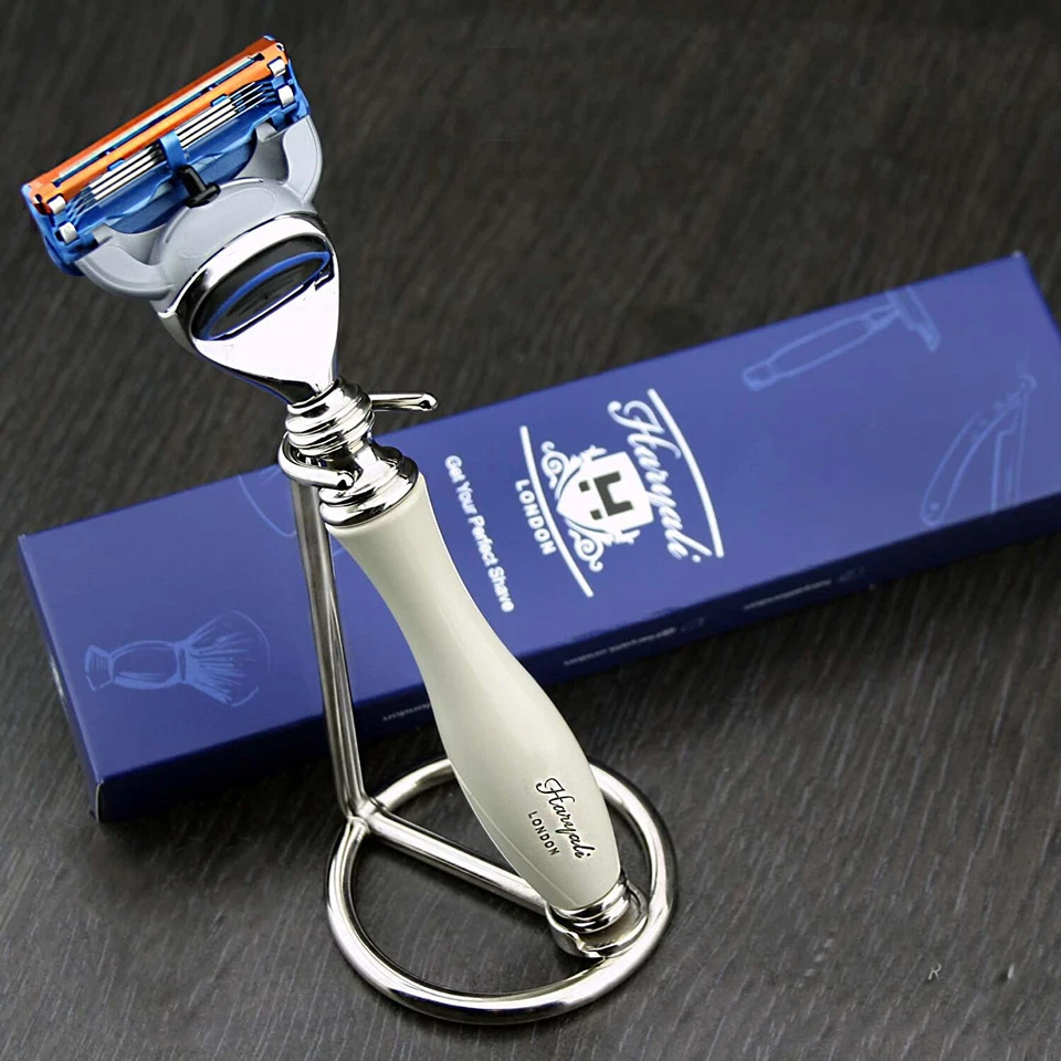 LUXUS GESCHENK 5 KANTEN KLINGEN HOLZGRIFF HERREN RASUR RASIERER EDELSTAHL STÄNDER