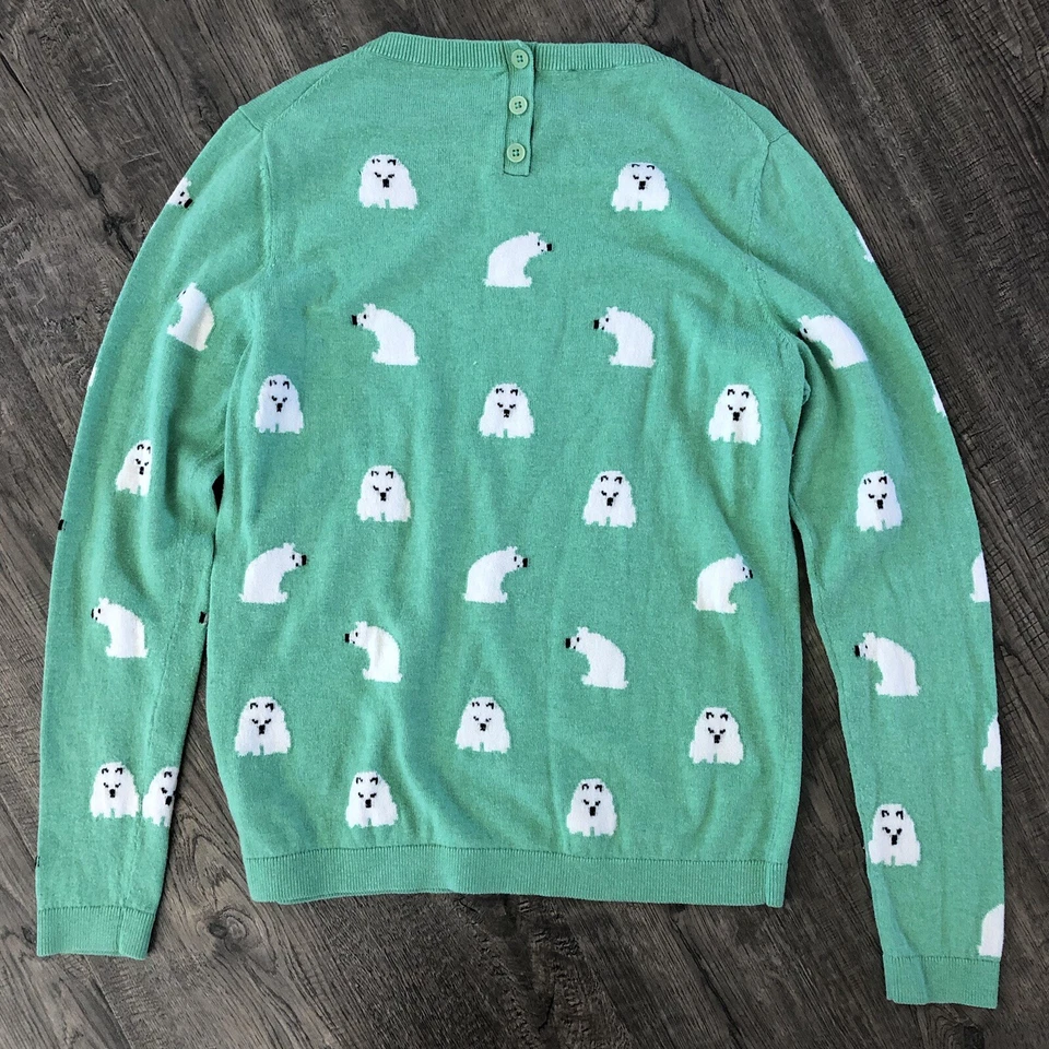 Talbots Cashmere Polar Bear Sweater Womens Medium Green Button Crew Neck - Image 4 of 4