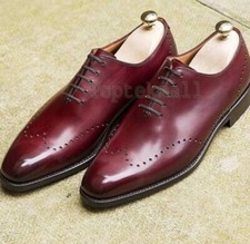 Handmade Men's Leather Oxfords Dress Maroon Color Super Casual Wingtip Shoes-749