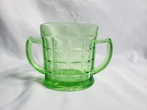 Hazel Atlas Green Depression Uranium Glass Colonial Block Sugar Bowl Cup Mug