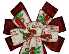 10" Hand Made Wired 2 Ribbon Buffalo Plaid Truck Wreath Bow Christmas Holiday