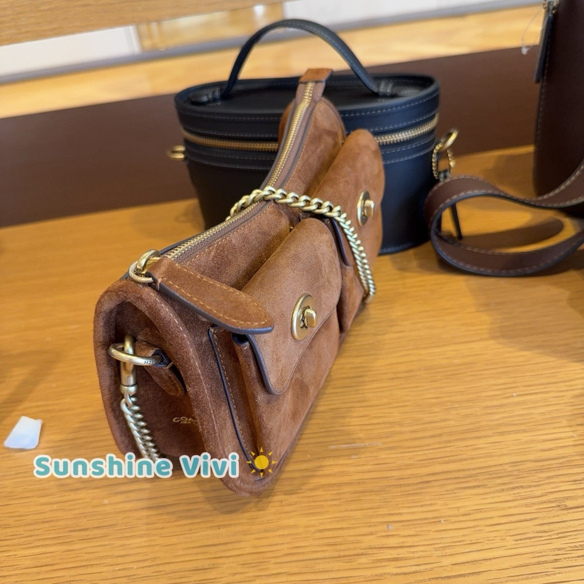 NWT COACH Suede CDZ21 Twin Turnlock Waverly Bag Brass/Warm Brown