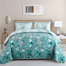 Aqua Quilt Set King Size, 3 Pieces Floral Botancal Leaves Gradient Bedspread Cov