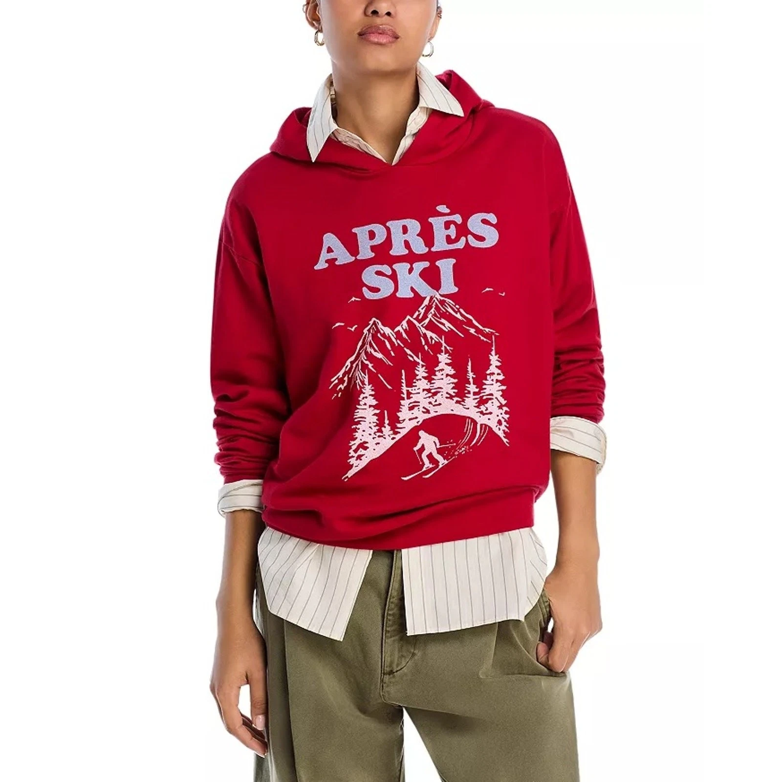 AQUA Athletic Women Red Cotton Fleece Lined Aprés Ski Graphic Hoodie Size XS