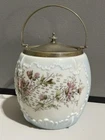 ANTIQUE WAVECREST BISCUIT CRACKER JAR FLORAL DESIGN SILVER PLATED LID AND HANDLE