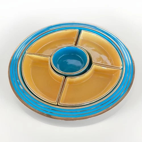 Rare Homer Laughlin Gold Trim Yellow Turquoise Fiesta 6 Piece Relish Tray VTG