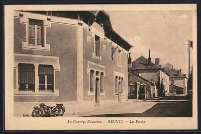Old postcard Neuvic, La Poste with a motorcycle in front of the building 