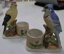 Vintage Set Of 2 Jasco Luvkin Songbirds Gold Finch & Blue Jay 1979 Candleholder