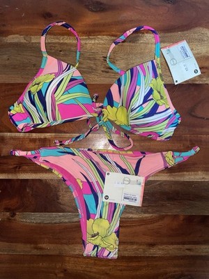 Roxy Women s Bikini Set Top Boost The Bra & Bottom Itsy Bitsy Pink Halter Medium