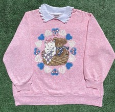 Vintage 80  s Teddy Bear Kitten Hearts Pink Collard Sweatshirt Women  s Size XL