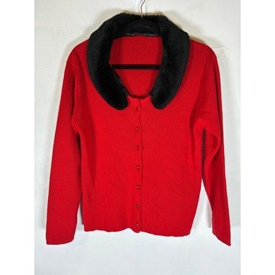 Apt. 9 Women's Medium Red Cardigan Black Faux Fur Collar Button Front
