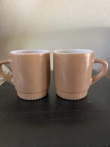 2 Vintage Fire King Anchor Hocking Stackable Brown Glass Coffee Mugs