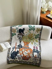 Vintage Style Cotton Throw Blanket with Black Cat & Floral Vase Design 32x63”