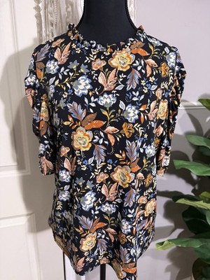 CeCe Black Floral Blouse with Orange & Blue size large