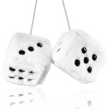 Fuzzy Plush Dice For Car Mirror Pair Of Retro 3 White Dice With Black Dots For
