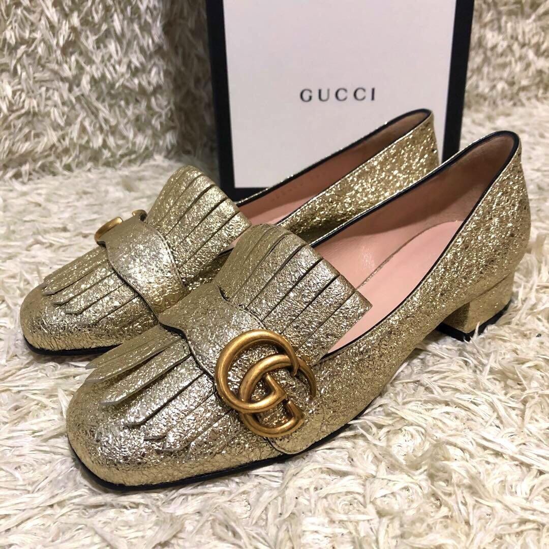 GUCCI GGマーモント フリンジ パンプス ボルドー Gucci Red Leather GG Marmont Fringe Loafer Pumps Size 39