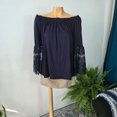 LOFT Womens Blouse Navy Blue Medium Off The Shoulder Lace Bell Sleeve Bohemian